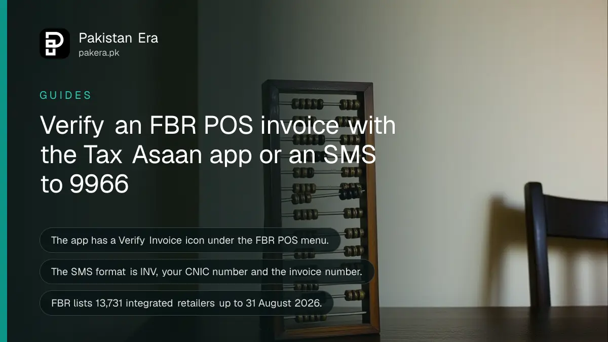 A brass abacus on a dark wooden table, for an article on how to verify an FBR POS invoice