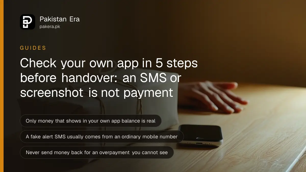 A plain parcel and a face-down phone on a bare wooden counter, a pair of hands resting beside them