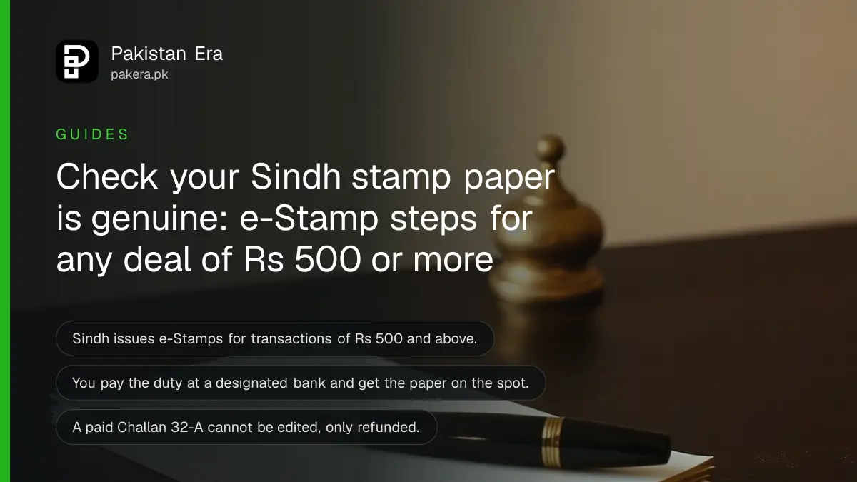 A brass paperweight, a closed fountain pen and plain paper on a dark wooden table, for Sindh e-Stamp paper verification