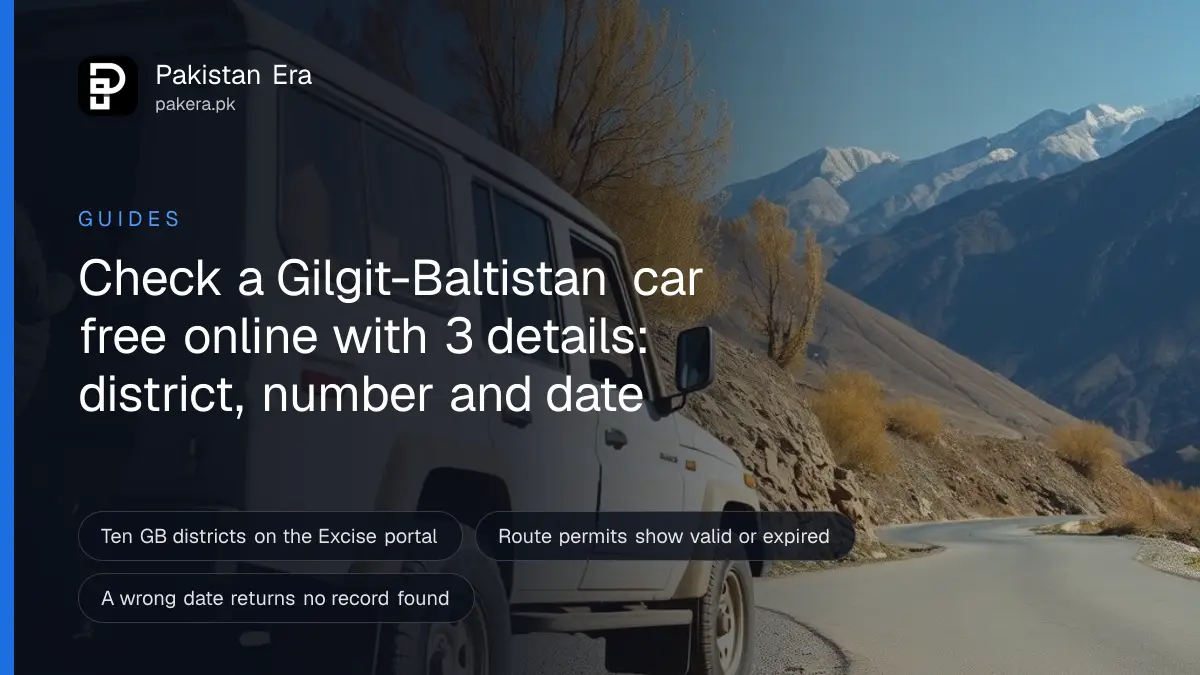 A white four by four vehicle parked from behind on a mountain road in Gilgit-Baltistan with snow peaks in the distance
