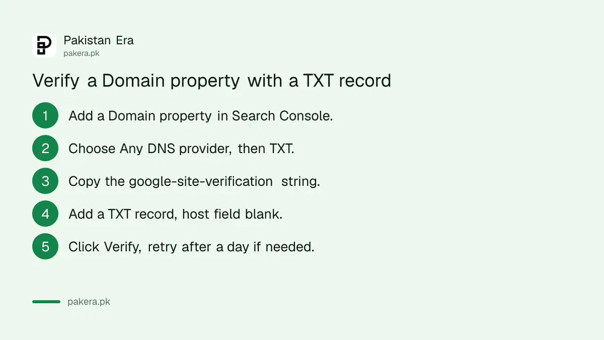 Steps to verify a Domain property in Search Console with a DNS TXT record