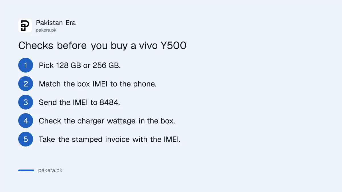 Five checks before buying a vivo Y500 in Pakistan: variant, box IMEI, 8484, charger wattage, invoice