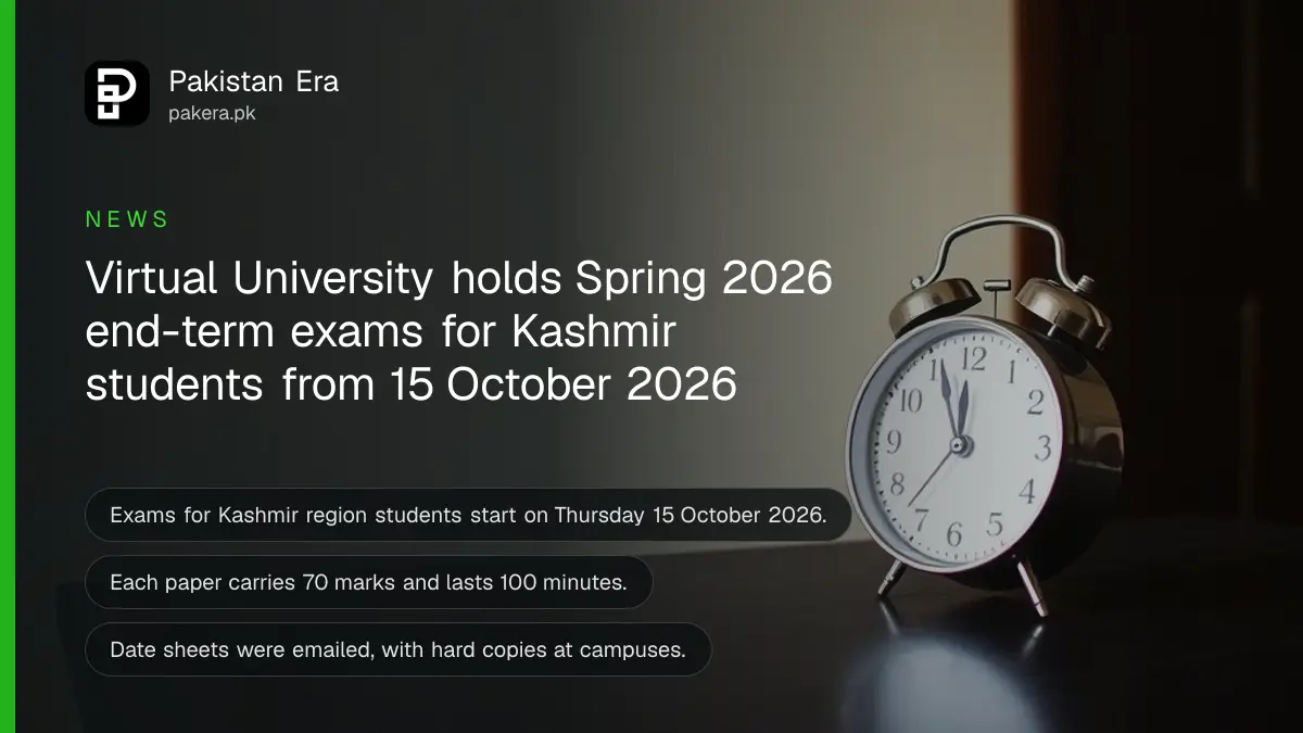 A round alarm clock on a dark wooden table, for a guide on VU Kashmir end-term exams