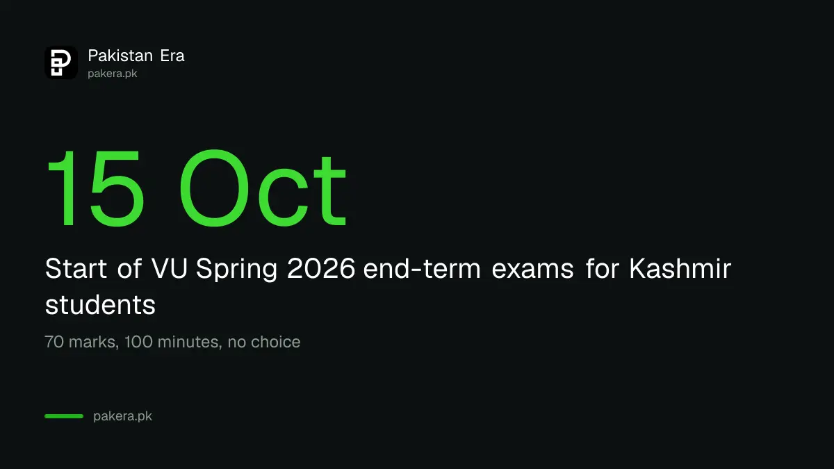 VU Kashmir region Spring 2026 end-term exams start 15 October 2026, 70 marks, 100 minutes