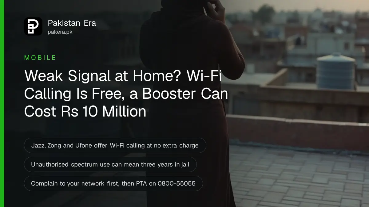 A woman seen from behind on a Multan rooftop at sunset holding a phone to her ear, for a guide to fixing weak mobile signal at home
