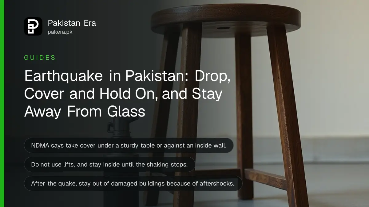 A sturdy wooden stool and a steel torch on a concrete floor, for a guide on what to do during an earthquake in Pakistan