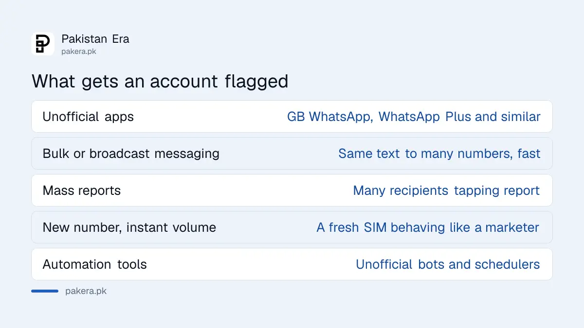 What triggers a WhatsApp account review or temporary ban