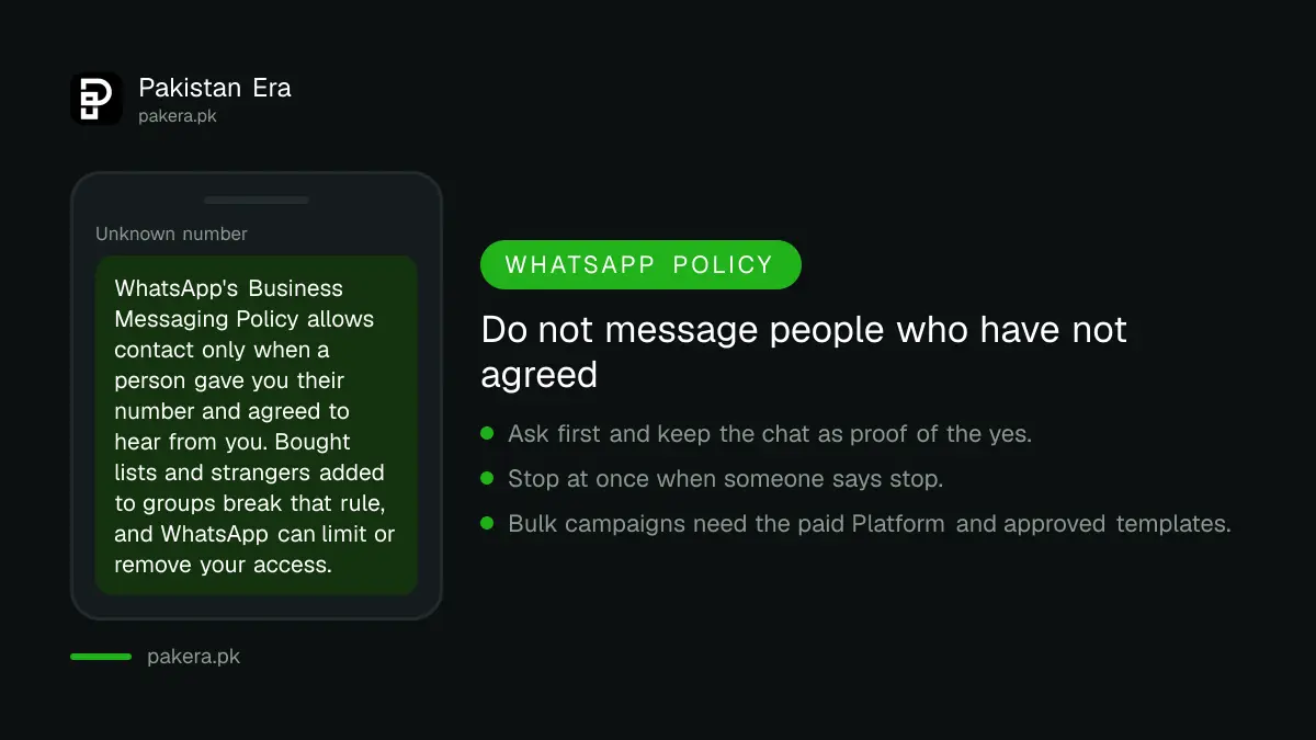 Warning card that WhatsApp Business messages need the customer's number and permission