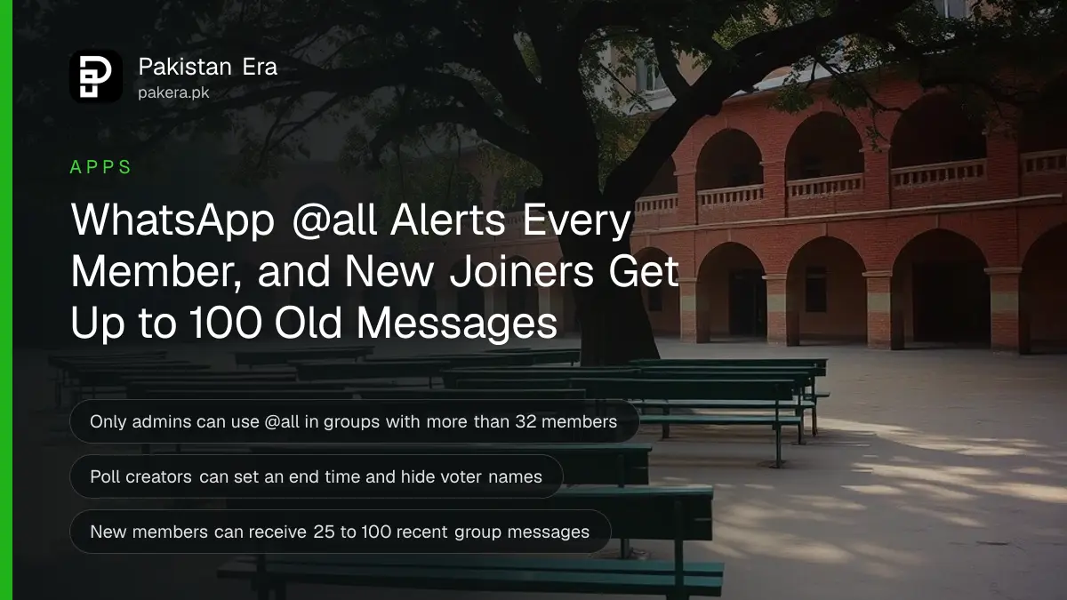 An empty Lahore school courtyard with green benches under a neem tree, for a guide to WhatsApp group tools such as @all and timed polls in Pakistan