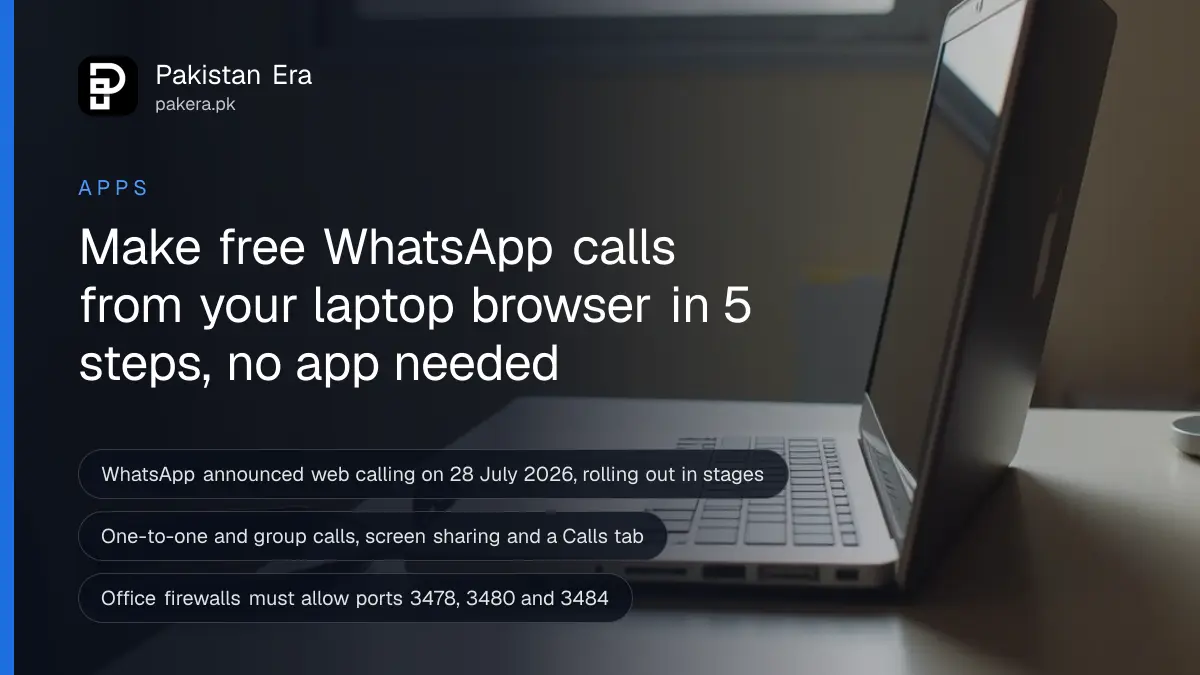 An open laptop seen from behind on a tidy office desk in Karachi with headphones beside it and soft daylight from a window