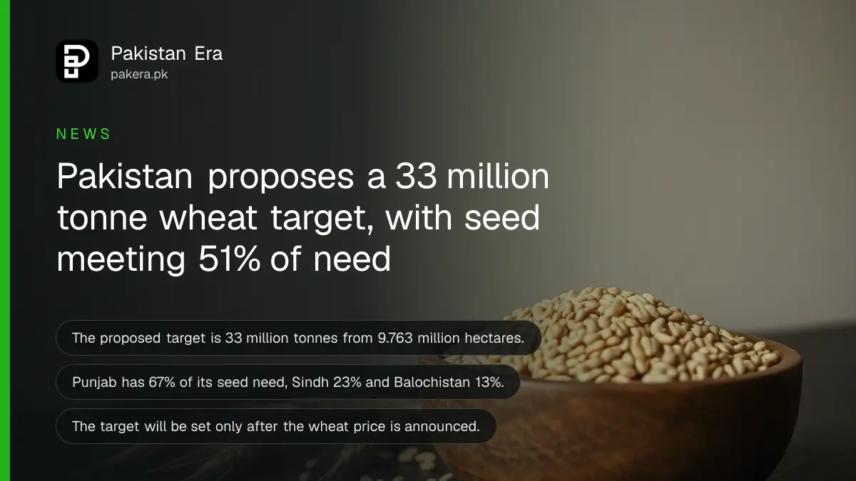 Wheat grains in a wooden bowl on a dark table, for news on the wheat target for Rabi 2026-27 in Pakistan