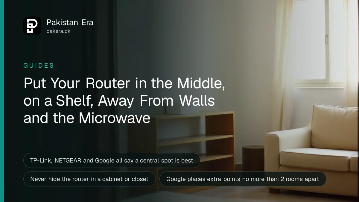 A bright living room in a Pakistani home with a small white router box on a wooden shelf in the middle of the room