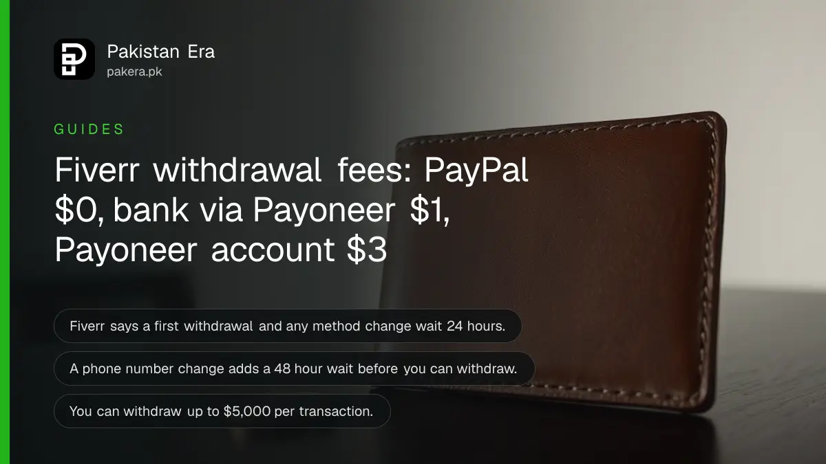 A leather wallet and a brass coin on a dark wooden table, for a guide on withdrawing Fiverr earnings in Pakistan