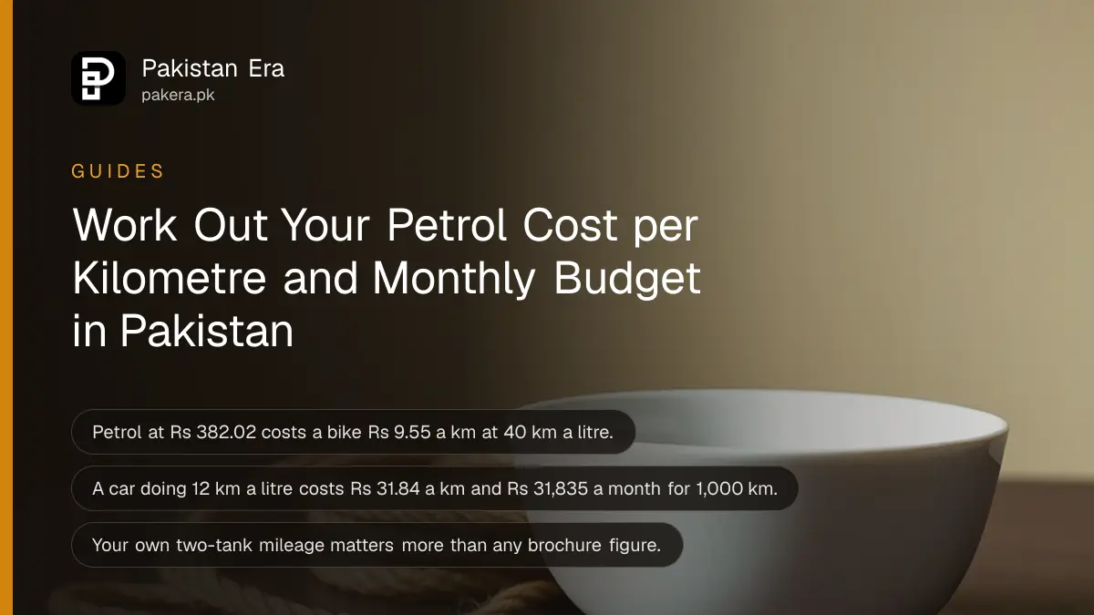 A white porcelain bowl beside a coil of rope on a dark wooden table, for working out petrol cost per kilometre in Pakistan