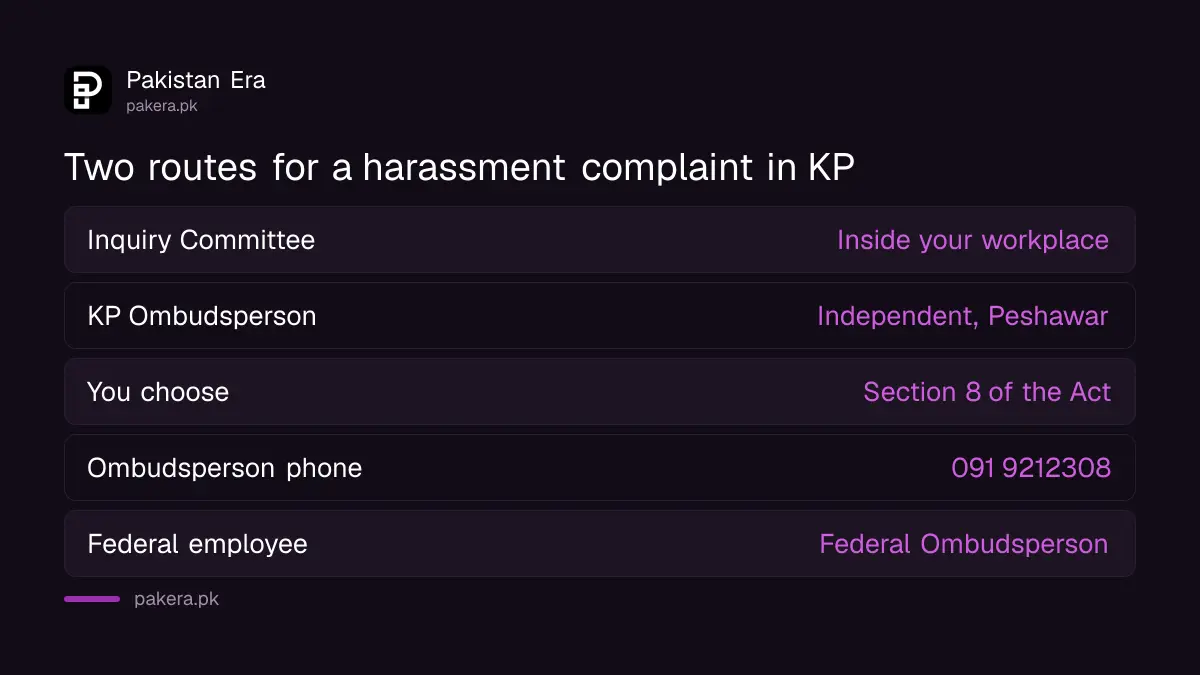 Two routes for a workplace harassment complaint in Khyber Pakhtunkhwa, Inquiry Committee or Ombudsperson