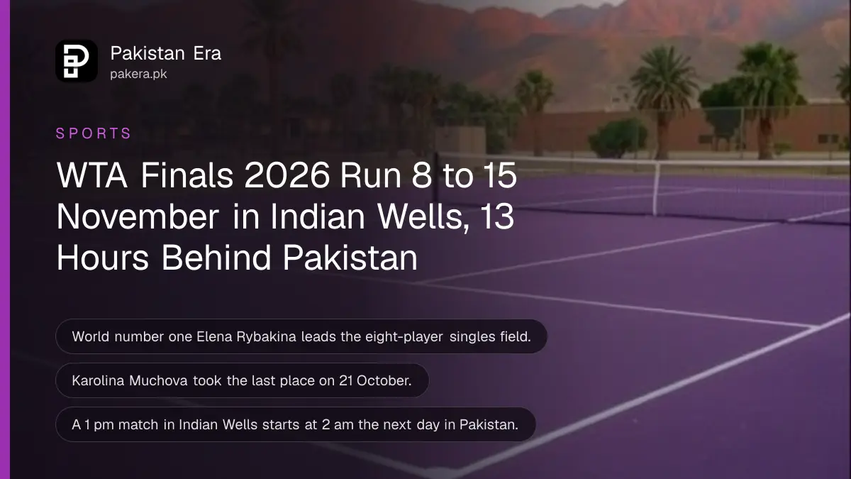 An empty tennis court in a desert valley at sunset with palm trees and mountains behind