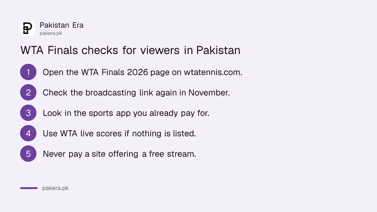 Steps to follow the WTA Finals 2026 from Pakistan