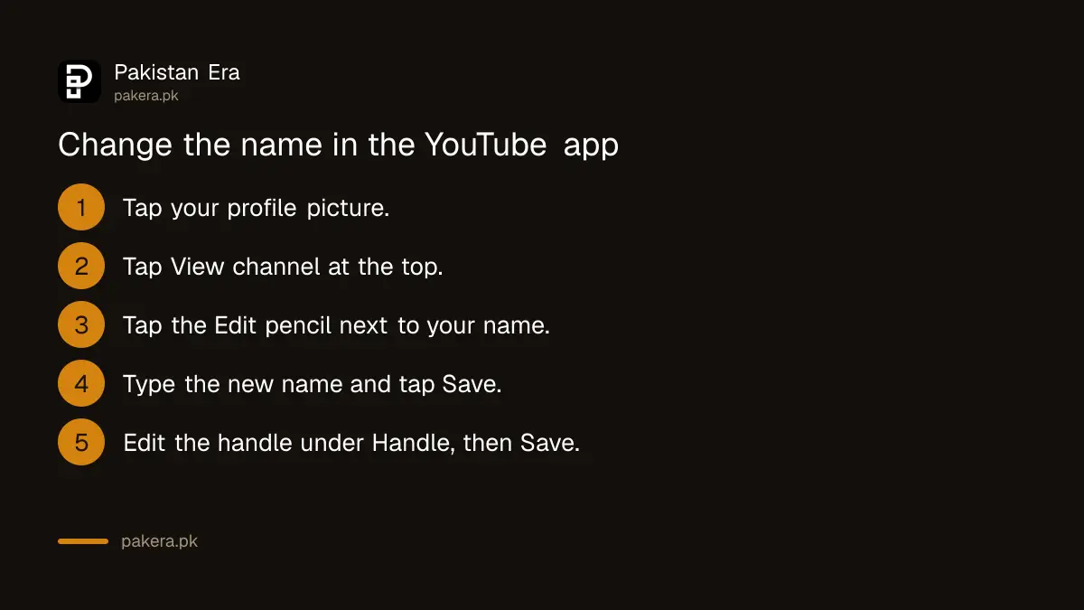 Steps to change a YouTube channel name and handle in the YouTube app
