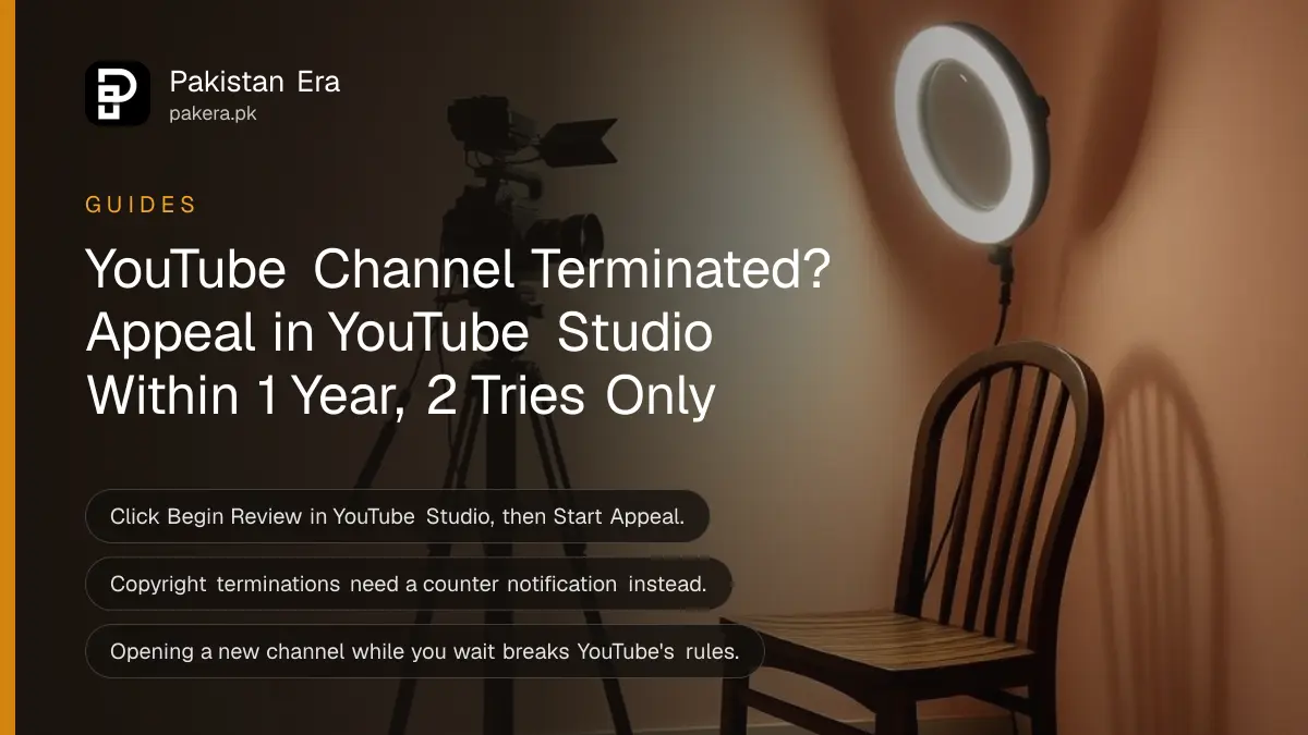 A small home video studio with a camera on a tripod, a ring light and an empty chair in soft evening light