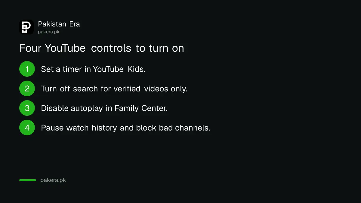 Four YouTube controls Pakistani parents should turn on: timer, search off, autoplay off and paused watch history