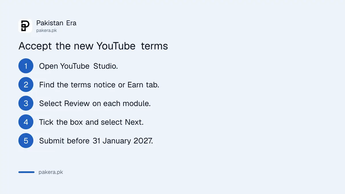 Five steps to accept YouTube's updated Partner Program terms in YouTube Studio before 31 January 2027