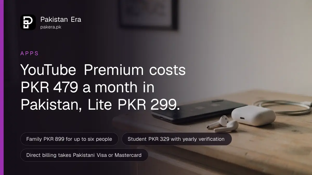 A phone lying face down on a bedside table beside wireless earbuds in soft morning light in Islamabad