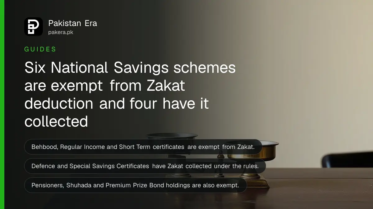A small brass balance scale on a dark wooden table, for a guide on Zakat and National Savings in Pakistan