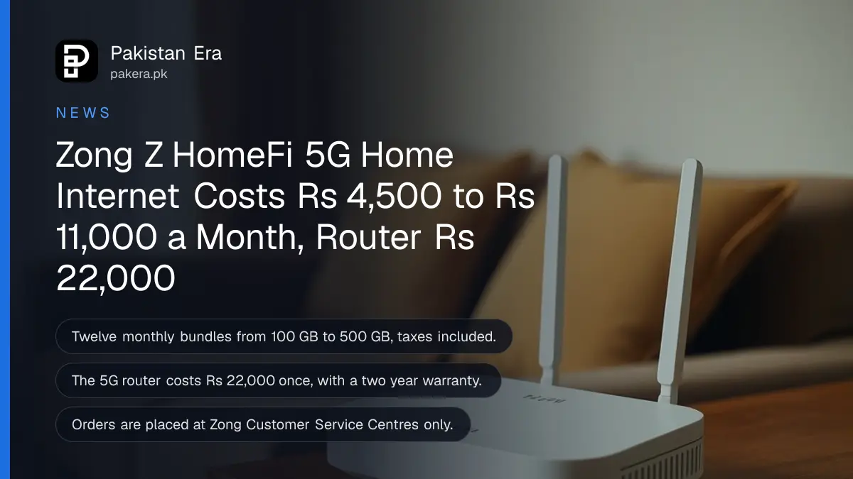 A white Wi-Fi router on a shelf in a quiet Pakistani living room in soft daylight