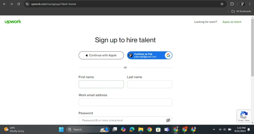 Enter Your Email and Create a Password - Step 3 on How to Create Upwork Account