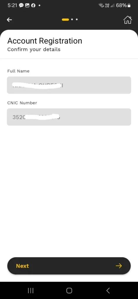 Confirm full name and CNIC number screen on JazzCash app during account setup