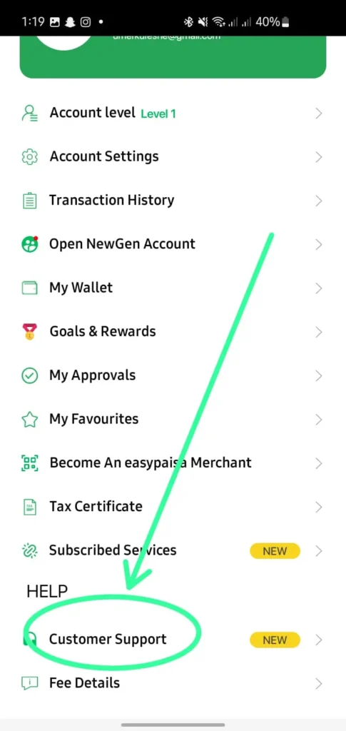 Customer Support option in Easypaisa app menu