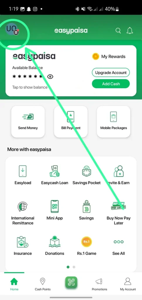 Easypaisa app menu icon on home screen