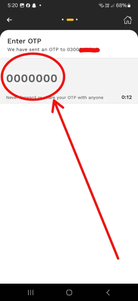 Enter OTP verification code screen on JazzCash app for new account registration