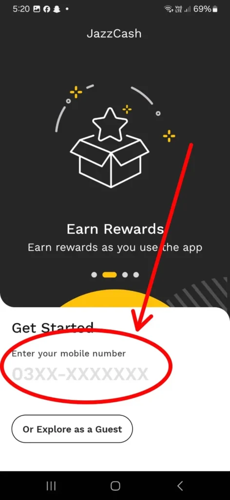 Enter mobile number screen on JazzCash app to create a new account