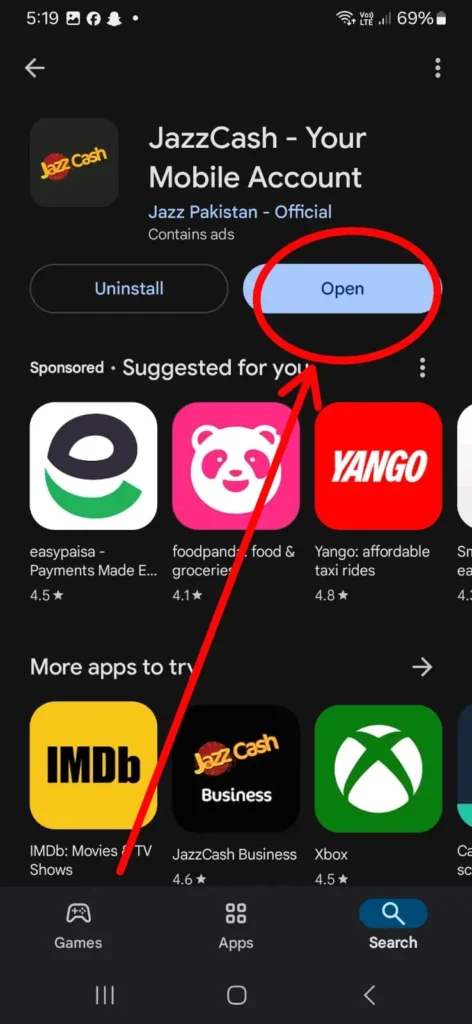 JazzCash app open button on the Google Play Store screen after installation