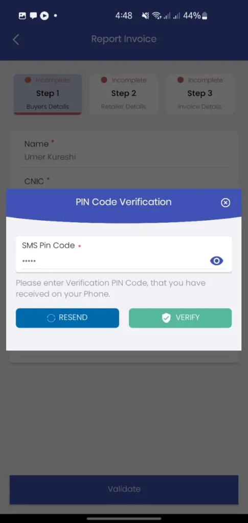 Enter otp to verify identity in tax asaan app