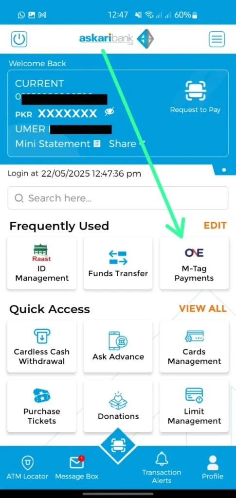 how to recharge mtag from bank app (askari bank, meezan, hbl, ubl, al falah, mcb, bank islamic)