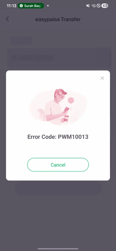 easypaisa not working - Error Code PWM10013