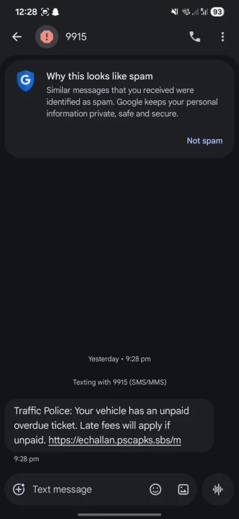 Fake 9915 SMS Fraud Alert e-challen