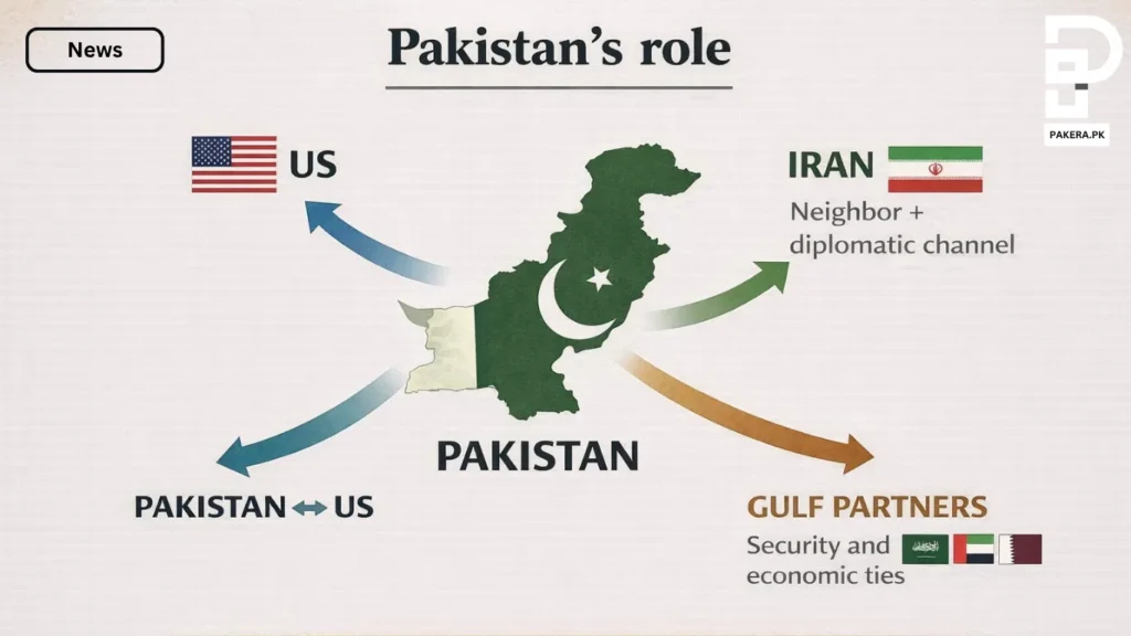 Pakistan role in US Iran conflict infographic showing diplomatic links with US Iran and Gulf countries mediator position