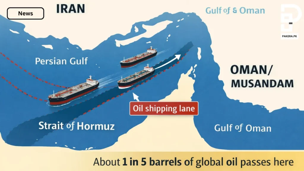 Strait of Hormuz map showing Iran and Oman Musandam oil shipping lane and global oil transport bottleneck infographic